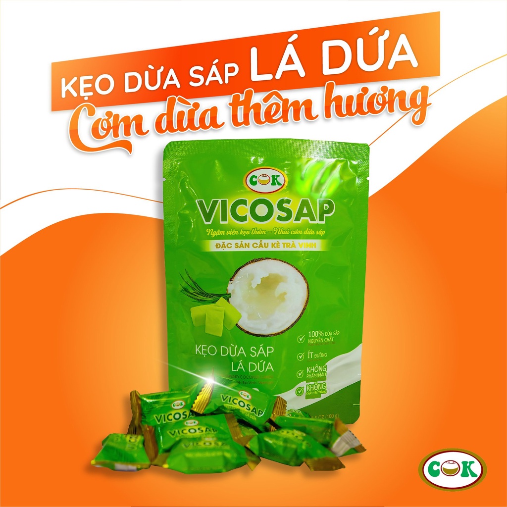 Combo 3 Vị Kẹo Dừa Sáp-Vicosap Nguyên Chất+Cacao+Lá Dứa