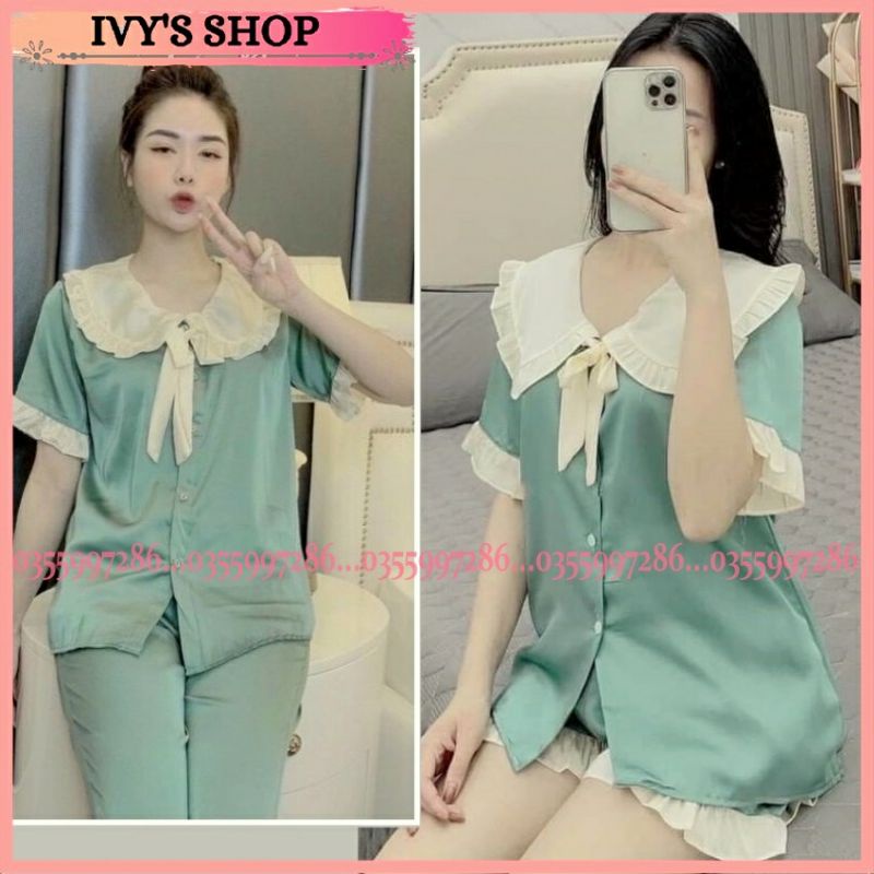Bộ ngủ nữ pijamas bèo tiểu thư Bộ đồ mặc nhà Phi Lụa Satin hoặc kate thái freesize tới 60kg