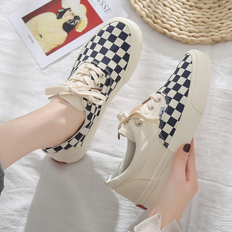 Giày vans dán caro ,Giày 𝐕𝐀𝐍𝐒 Caro lười viền trắng, Giầy thể thao 𝐕𝐀𝐍𝐒 Đen Old Skool