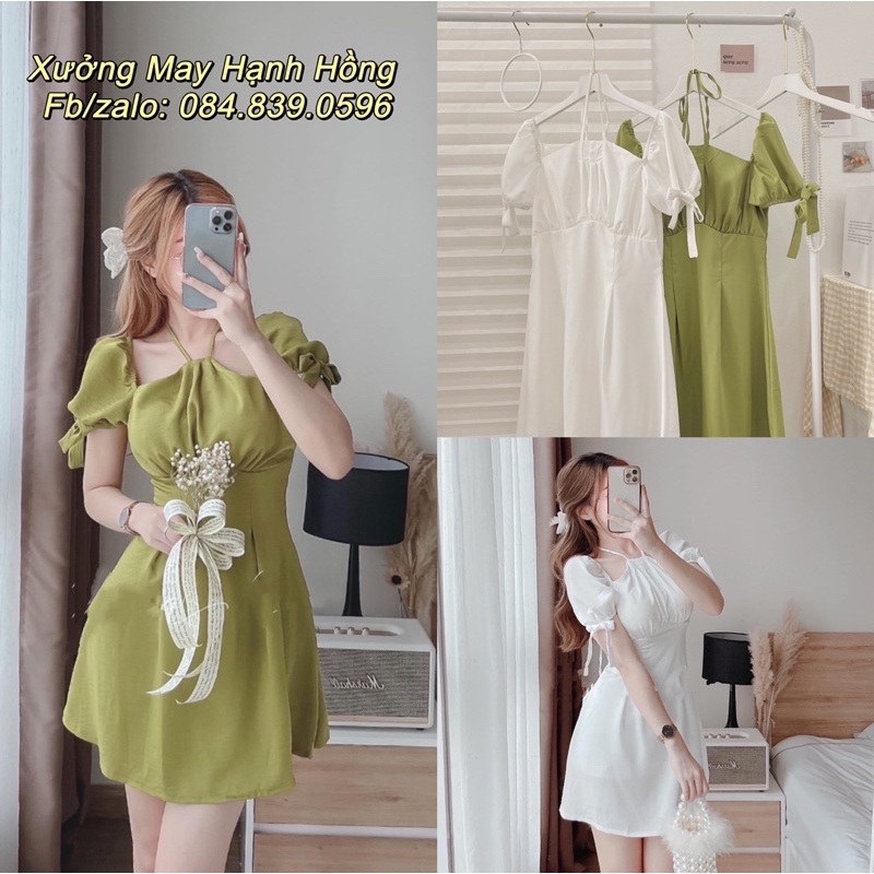 Váy vải trượt cổ yếm cộc tay bo chun xanh/trắng, váy thiếu kế cutout vai Hàn Quốc cực xinh