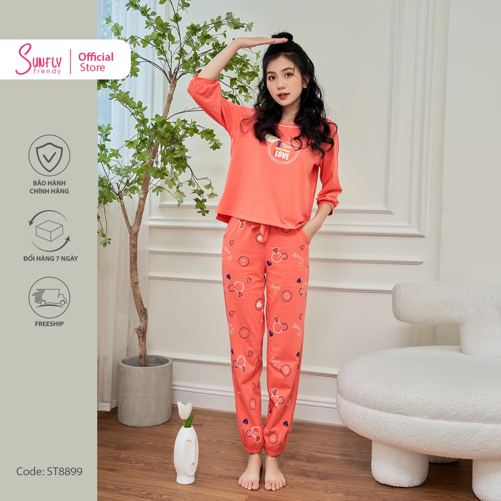 Bộ mặc nhà nữ cotton SUNFLY áo tay lỡ, quần dài ST8899