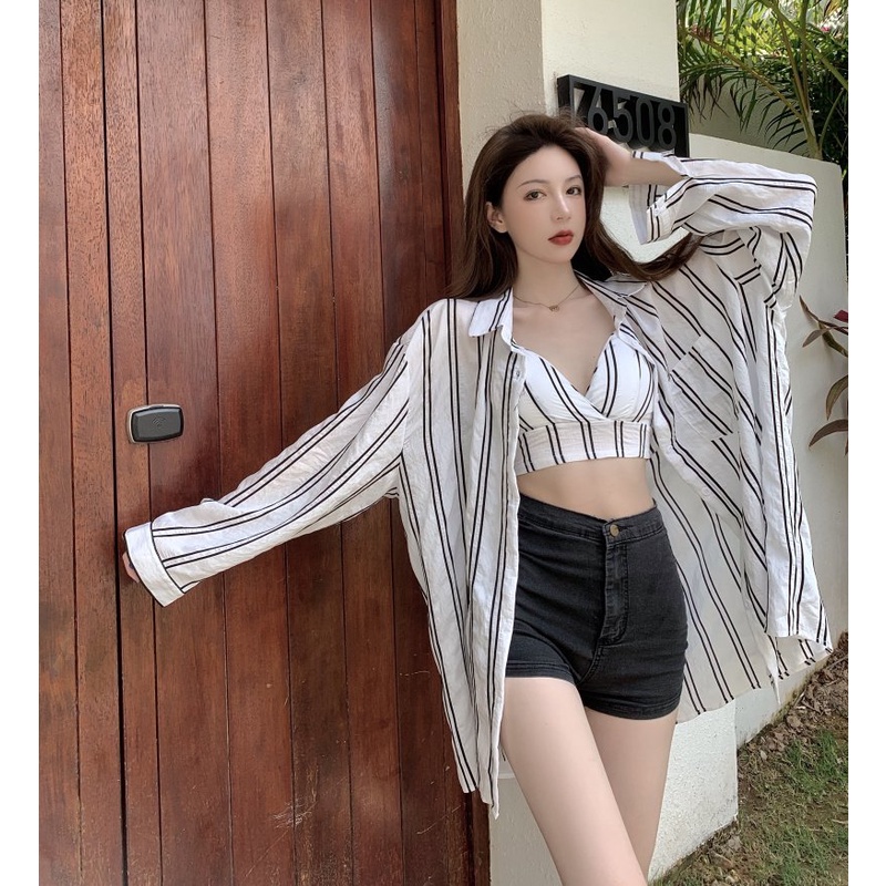 Bộ Áo Sơ Mi Bra Kẻ Nữ 🦋 Set Somi Dài Tay Nữ Kèm Áo 2 Dây Có Mút Ngực - Set 2 sản phẩm áo Sơ mi + Áo Dây Ngực Sexy