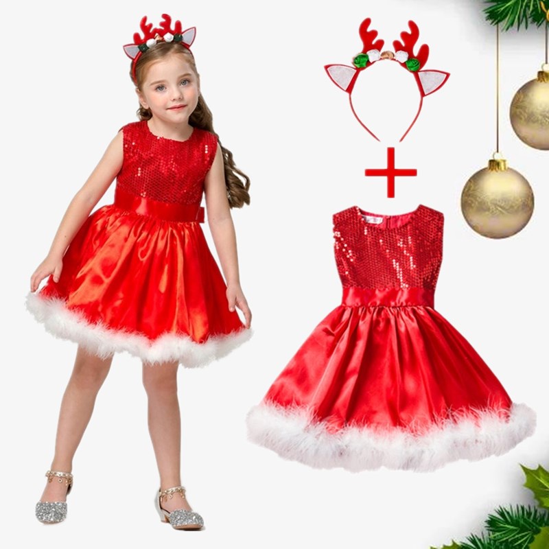 Đầm công chúa dự tiệc NNJXD màu đỏ lấp lánh kèm băng đô cài tóc dành cho bé gái 3-8 tuổi