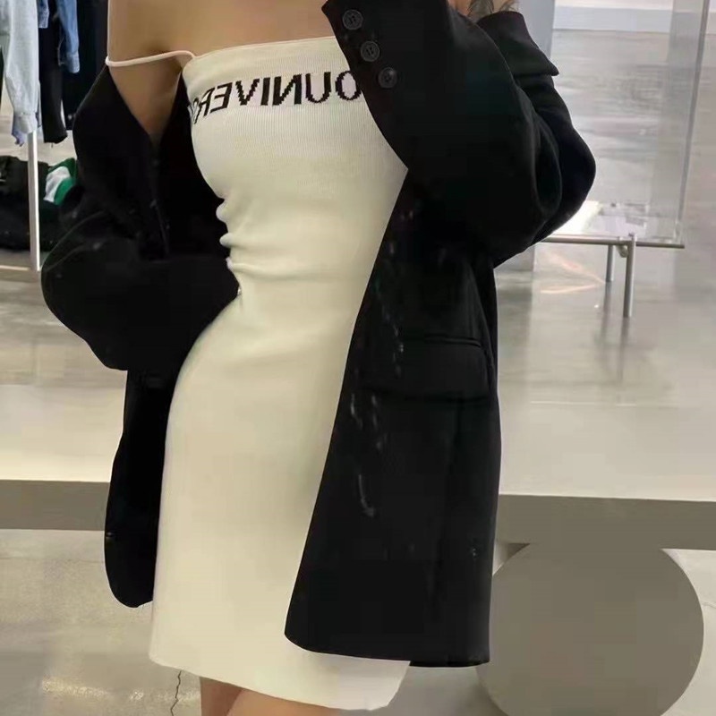 DUNEA Đầm Dệt Kim Hai Dây In Chữ Cho Nữ