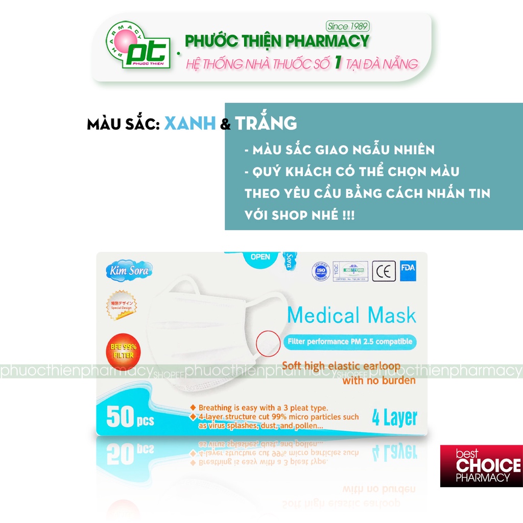 Khẩu Trang Y Tế Kimsora Loại 4 Lớp Màu Xanh, Trắng Hộp 50 Cái - Kim Sora