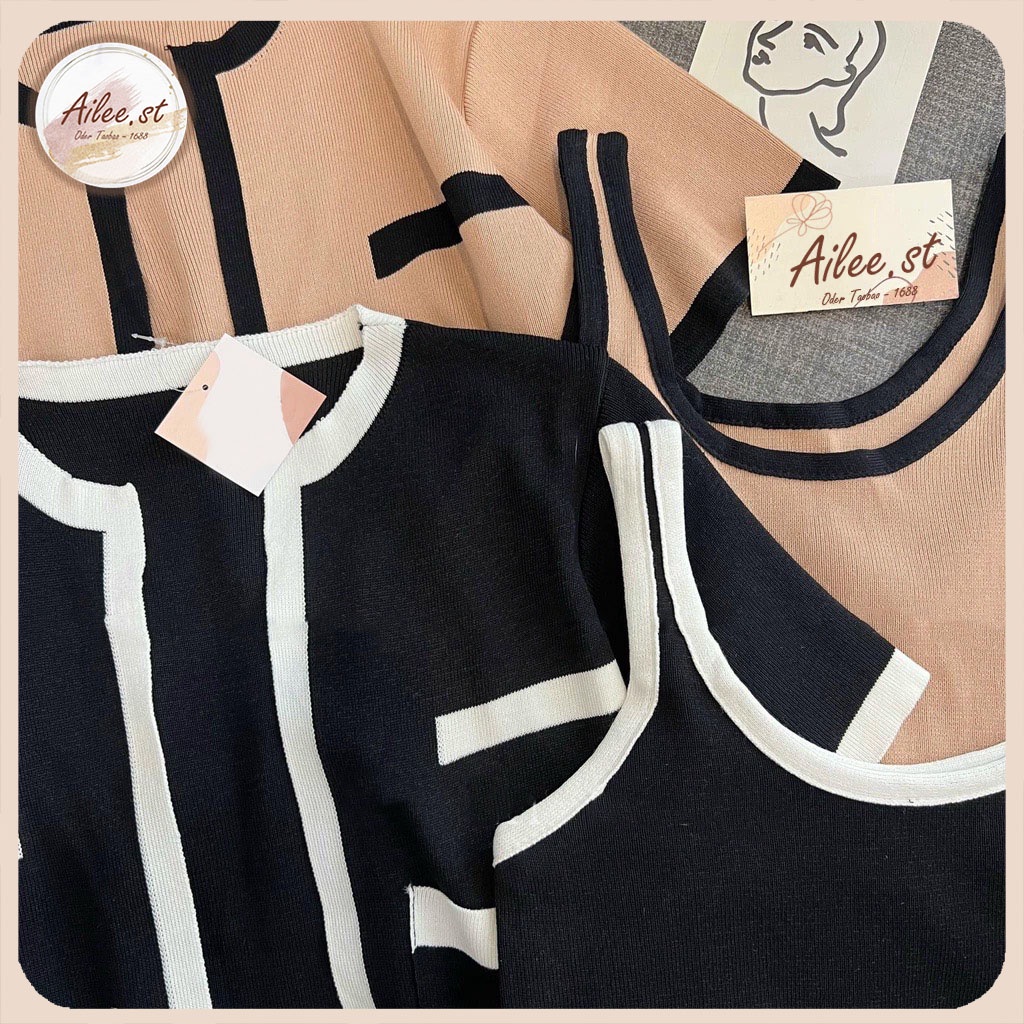 Set Bộ Len Mongtoghi 2 Món Áo Ba Lỗ Và Áo Khoác Viền Cộc Tay Cổ Tròn Có Túi Phong Cách Hàn Quốc Ailee AO NU 006