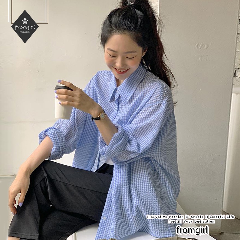 Áo Sơ Mi Tay Dài Dáng Rộng Họa Tiết Kẻ Sọc Màu Xanh Dương Thời Trang Mùa Hè Mới