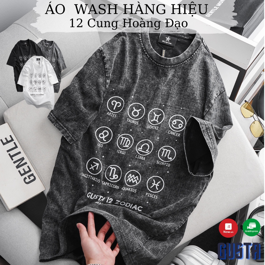 Áo 12 Cung Hoàng Đạo Hàng Hiệu Cao Cấp Unisex Nam Nữ Áo Thun Wash Loang Xám Trơn Tay Lỡ 100% Cotton Form Rộng _ GUSTA