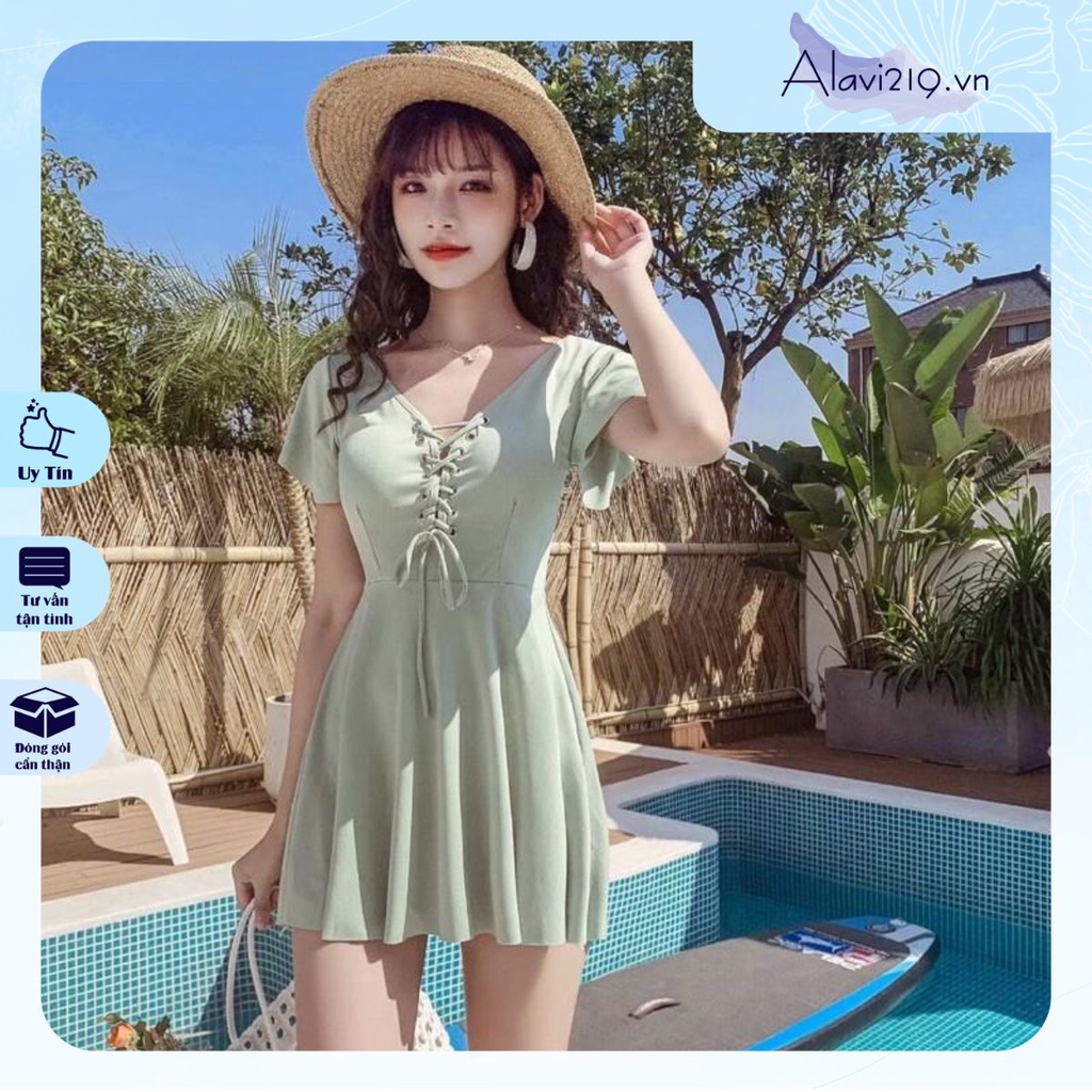 Bikini Dạng Váy kiểu Hản Quốc đồ bơi kín đáo Đan Ngực Mẫu Mới Màu Xanh 2022 PT02