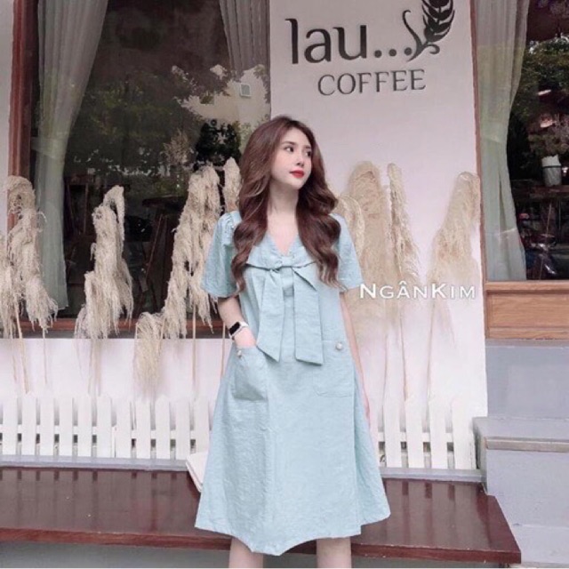 Váy suông thắt nơ 2 túi chất đũi xinh xắn | BigBuy360 - bigbuy360.vn