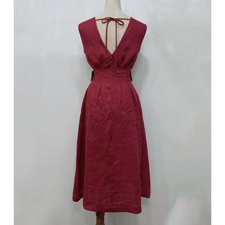 Đầm linen tưng premium đỏ rúm eo cột dây lưng