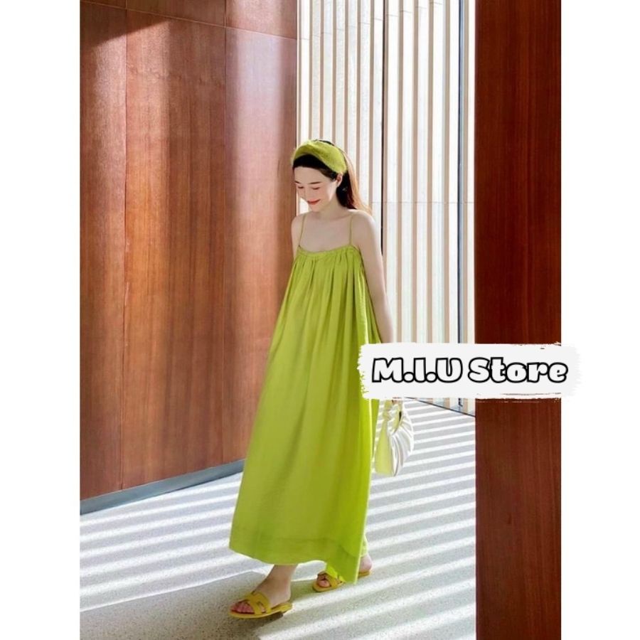 Váy Đầm Maxi Đi Biển Hai Dây Xòe Vải Đũi Lụa Mềm Mát Màu Xanh Lá Xanh Bơ