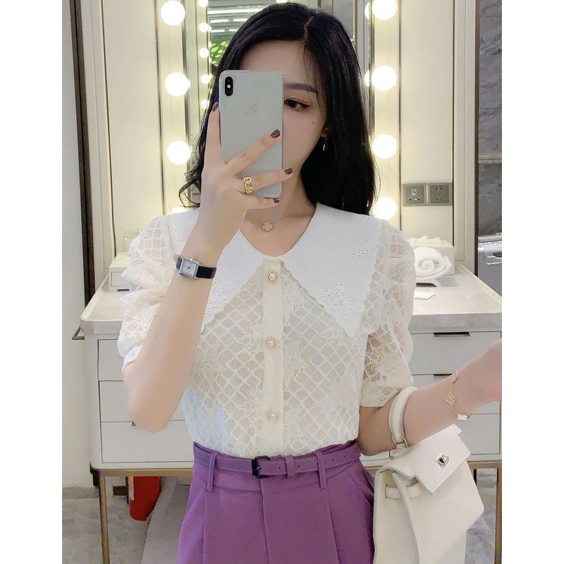 Áo Sơ Mi chiffon Tay Ngắn Cổ Búp Bê Phối Ren Thời Trang Mùa Hè Hàng Mới Dành Cho Bạn Nữ