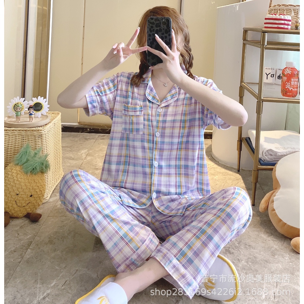 Bộ pijama nữ quần dài TOZZO  kẻ caro mặc đi ngủ ở nhà dễ thương form bigsize 50-62Kg PACQD02