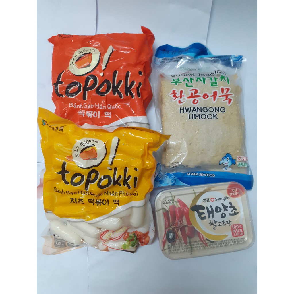 combo 500g bánh gạo+ 500g bánh phô mai+ 450g chả cá+hộp tương Gochujang 200g
