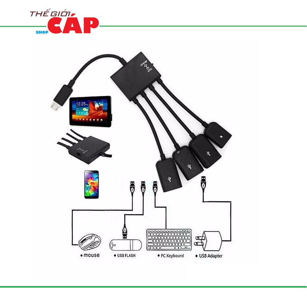 Cáp OTG 4 đầu cho Android - Micro USB OTG 4 in 1 - Kết Nối Điện Thoại Với Bàn Phím Và Chuột