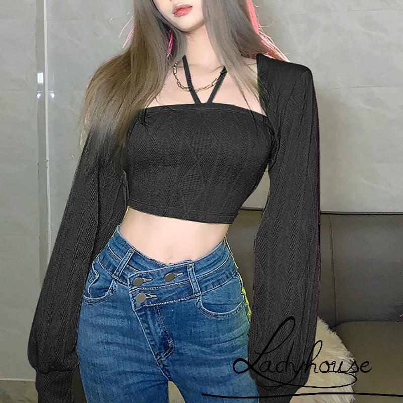 Bộ Áo Croptop Hai Dây Màu Trơn Và Áo Yếm Dài Tay Thời Trang Cho Nữ