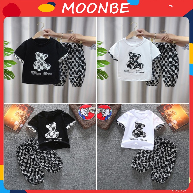 Bộ quần áo cộc tay cho bé trai, bé gái in gấu cộc tay quần lửng cho bé 2 đến 12 tuổi chất lụa trượt size đại 40kg