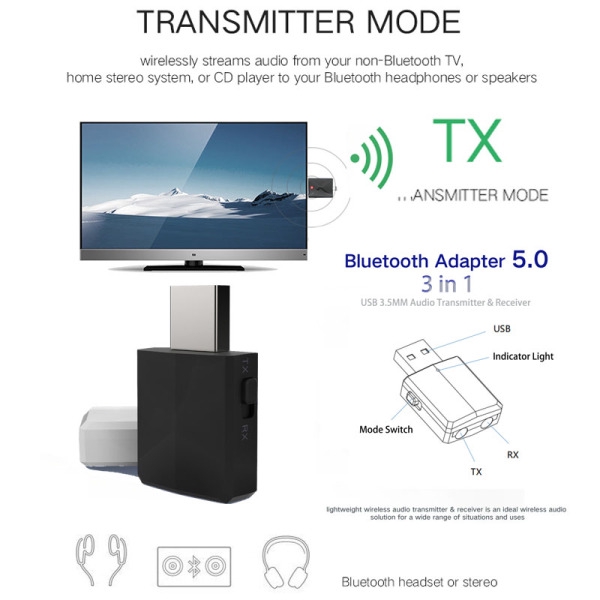 Máy phát Bluetooth USB 5.0 cho TV 3.5mm Mini AUX âm thanh nổi có nút điều chỉnh gắn xe hơi