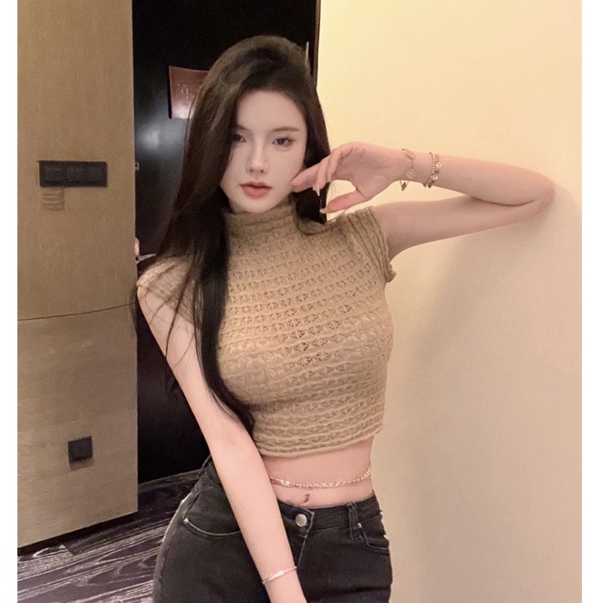 QKOOLE Áo croptop dệt kim  không tay cổ tròn phong cách Hàn Quốc dễ thương cho nữ