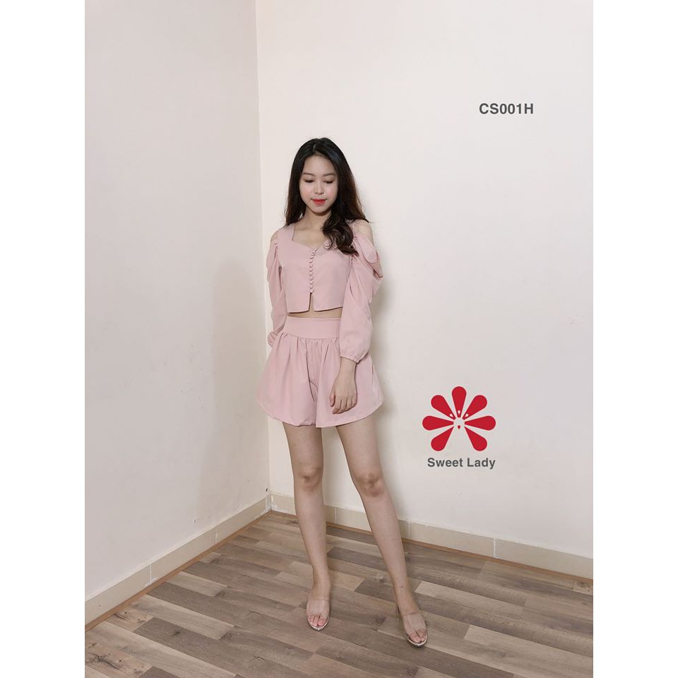 Set bộ nữ sang chảnh áo xẻ vai dài tay quần đùi sweetlady ảnh thật freeship
