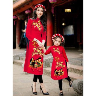 Áo Dài Cách Tân MẸ VÀ BÉ cổ trụ họa tiết LỘC tết sum vầy màu đỏ.