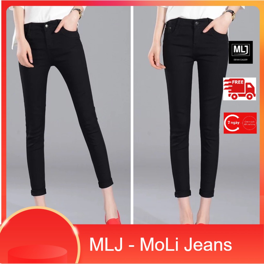 Quần jean dài 9 tấc màu đen tuyền, xăn lai, lưng cao trên rốn, co dãn mạnh đủ size