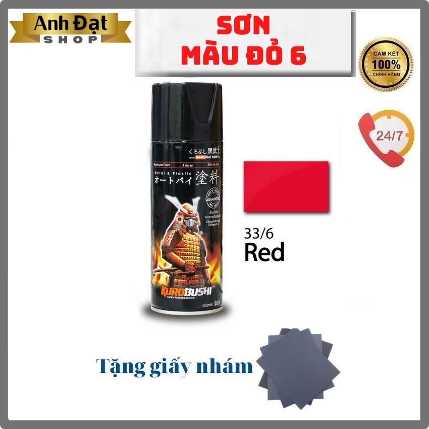 Sơn xịt samurai màu đỏ 6, dung tích 400ml, có khả năng kháng xăng (A92, A95), chống rạn nứt, bình xịt