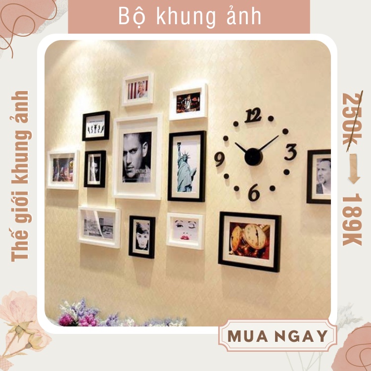 Khung ảnh bộ trang trí kèm đông hồ và decal love- tặng đinh không phải khoan tường