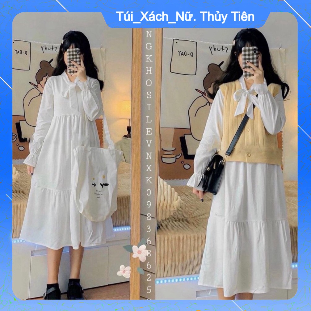 (Giá Gốc) (new) VÁY BABYDOLL Nữ Dài Tay Buộc Nơ dáng suông - YUMI Dress - Đầm Maxi Tay Chun Bèo Tầng -👗TTshop👑