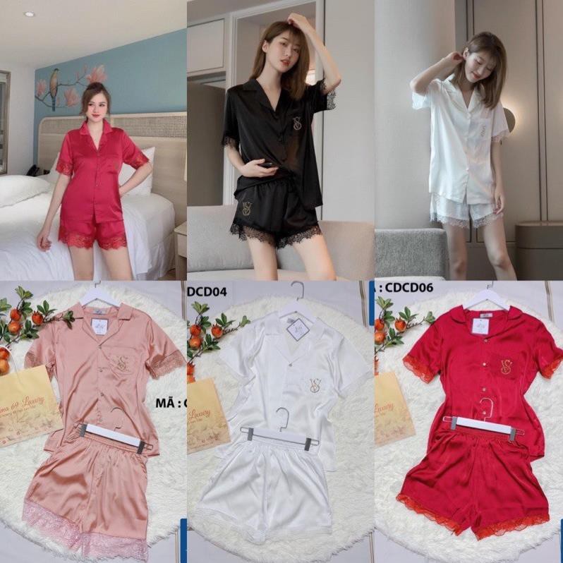 Pijama lụa ngắn tay cao cấp, đồ bộ mặc nhà nữ thiết kế chất latin loại 1 cộc đùi ren đính đá sang trọng 69 Luxury