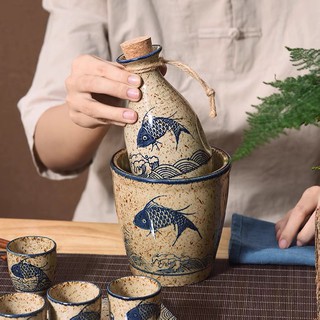 Bộ bình rượu gốm Nhật họa tiết cá chép cổ phong