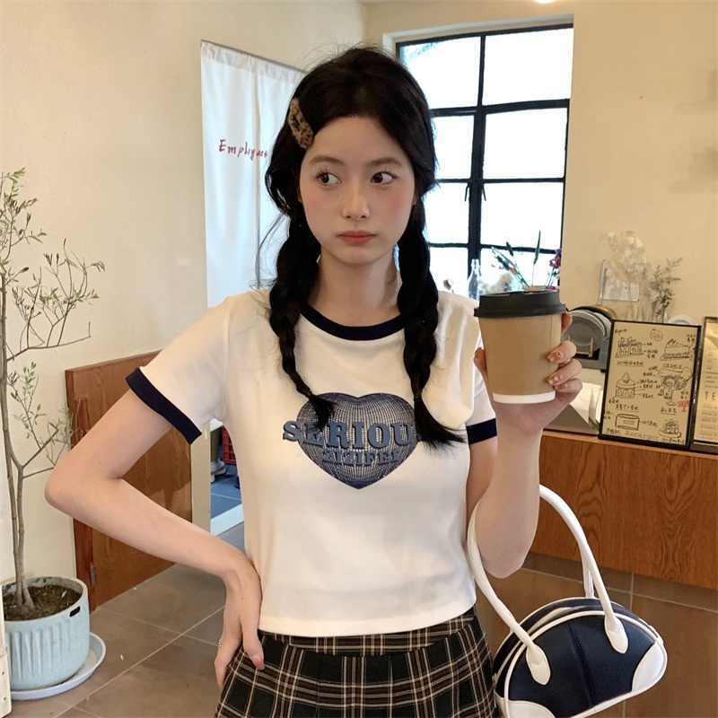 Áo thun ZHELIHANGFEI dệt kim tay ngắn thiết kế hở rốn màu sắc tương phản thời trang cho nữ