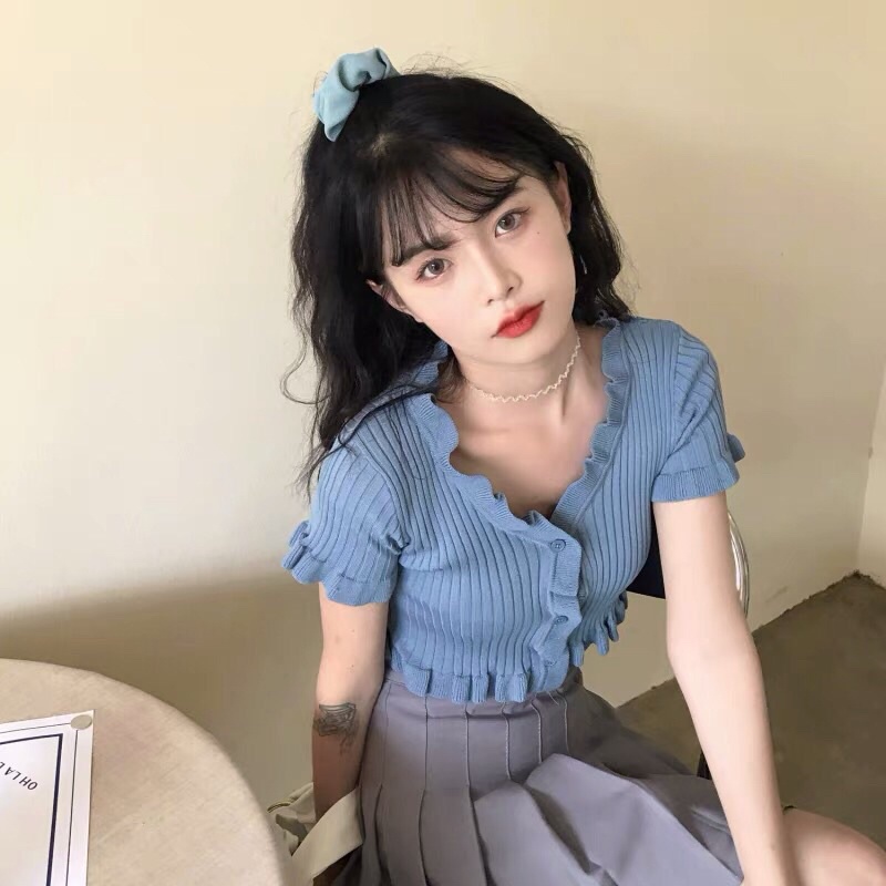 áo len mông cộc tay dáng croptop viền bèo 3 khuy cài (3203#)