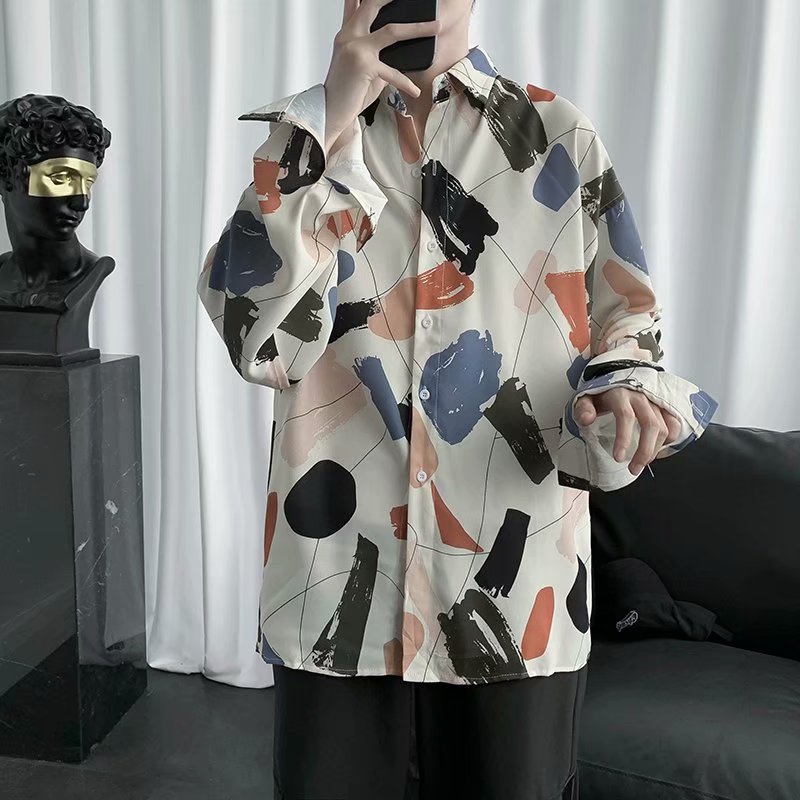 Korean street fashion men's long-sleeved wide-sleeved shirt with irregular color printing