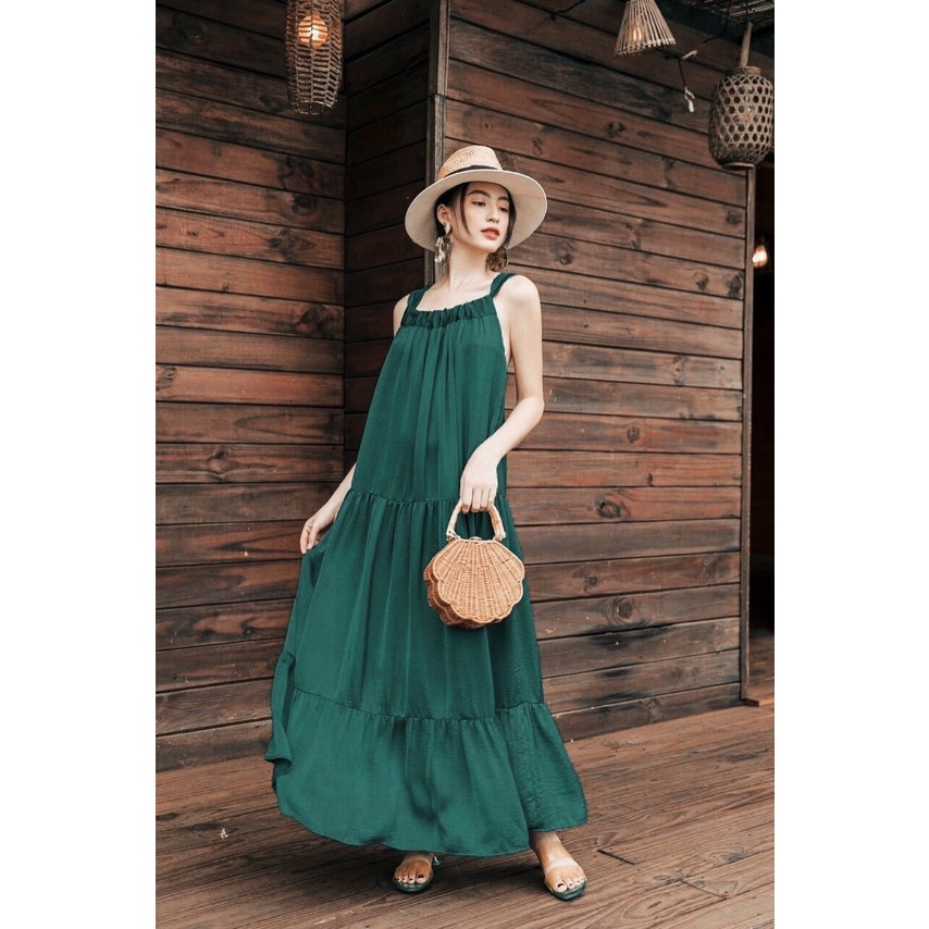 [Ảnh thật] Đầm maxi 2 dây cổ yếm tầng chéo lưng