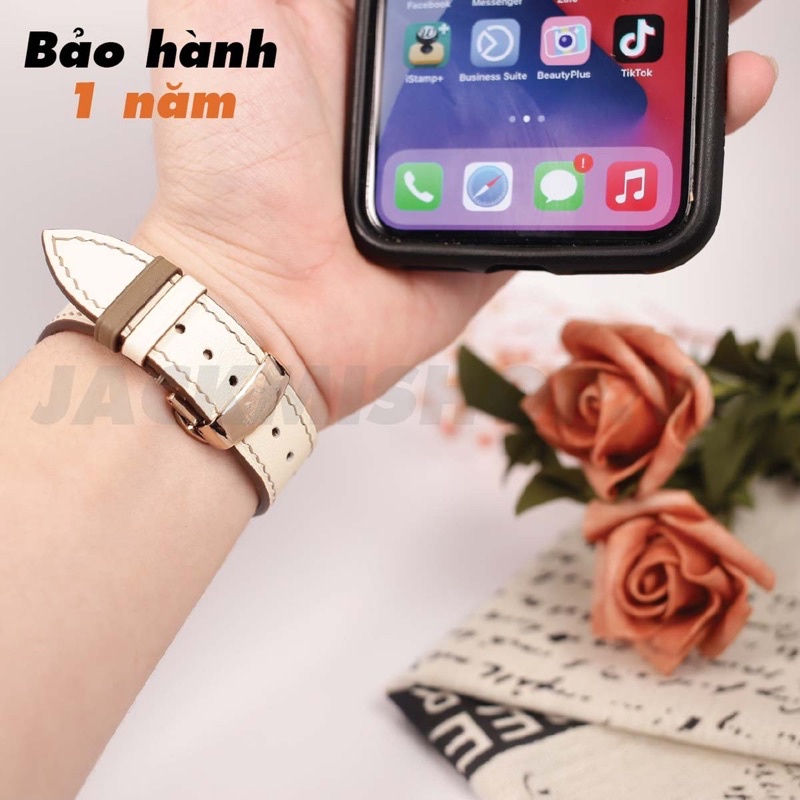 [BẢO HÀNH 1 NĂM] Dây Da BÊ SWIFT Kem chỉ Nâu Khoá Bướm cho Apple Watch series 1/2/3/4/5/6/7