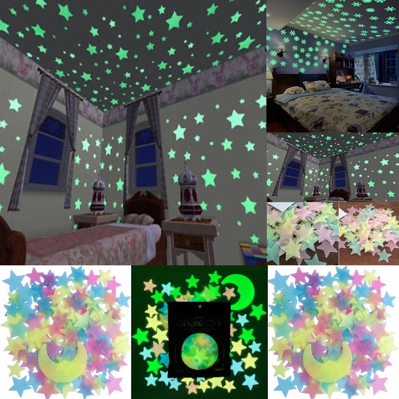 Set 100 Miếng Dán Tường Hình Ngôi Sao Dạ Quang Nhiều Màu Sắc Trang Trí Phòng Bé