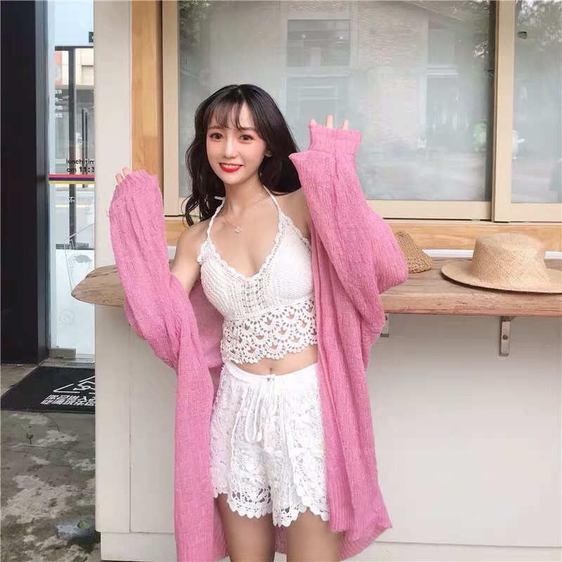 Khoác ren lưới đi biển 2 loại tay loe và tay suông