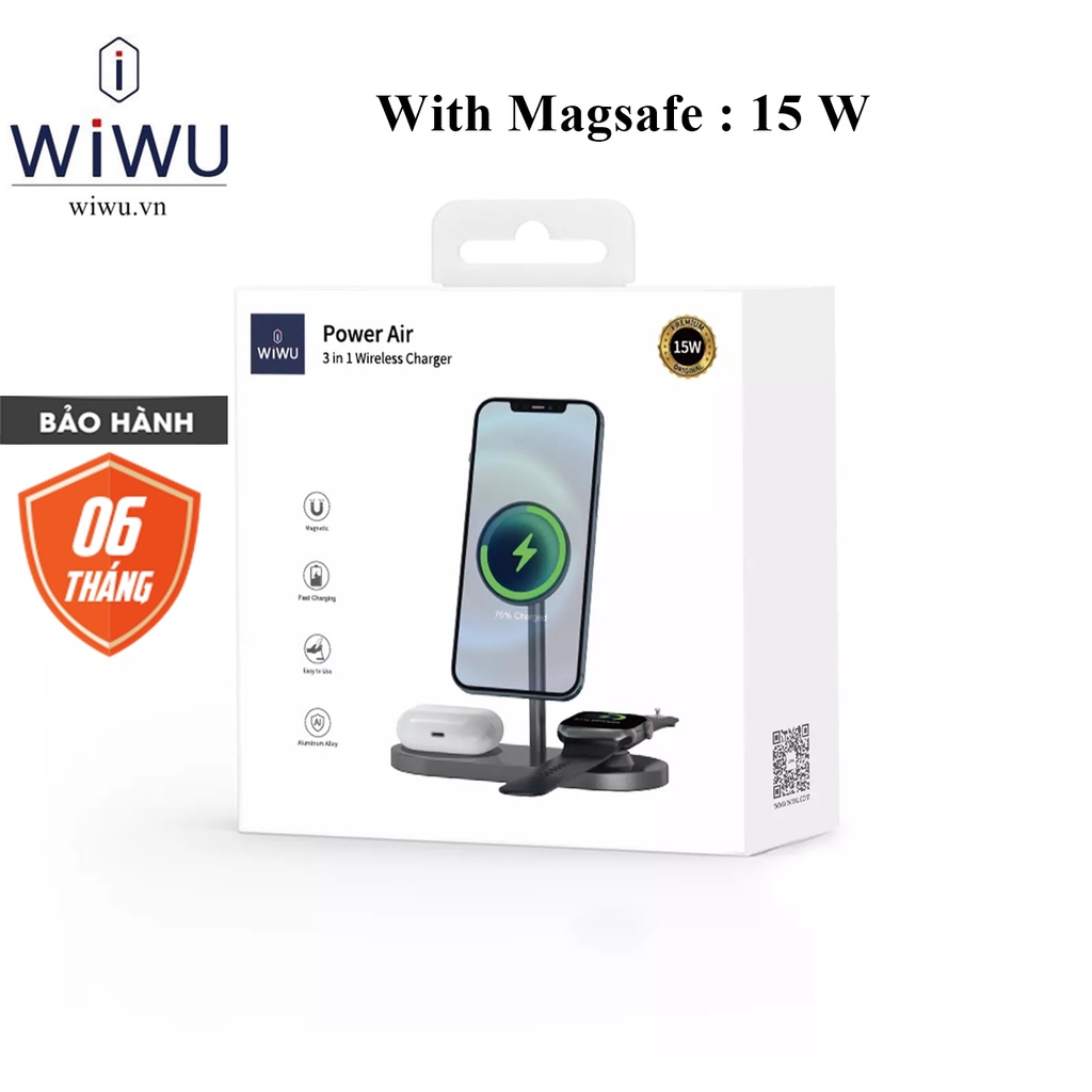 Đế sạc nhanh WIWU Power Air 3 inch 1 Cho Điện thoại táo , đồng hồ thông mình . Từ tính hút nam châm