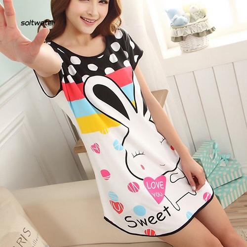 Áo ngủ tay ngắn họa tiết chấm bi hình thỏ dễ thương cho nữ