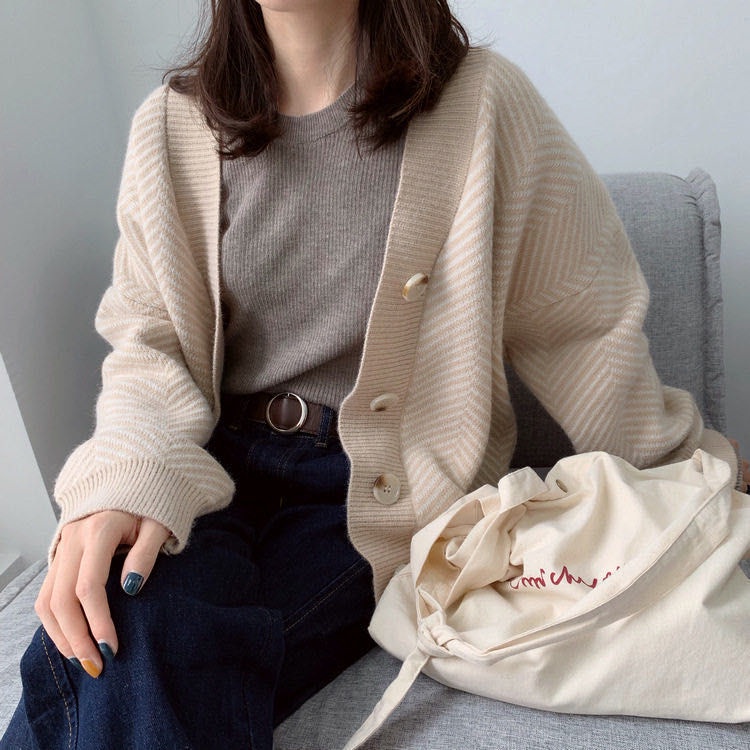 Áo Sweater Dài Tay Kẻ Sọc Xinh Xắn Dành Cho Nữ Áo Sweater Dáng Rộng Phong Cách Retro Cá Tính