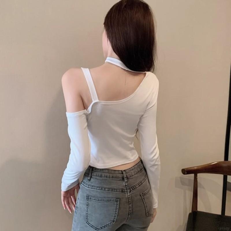 Áo Thun Tay Dài Hở Vai Màu Trơn Phong Cách Hàn Quốc