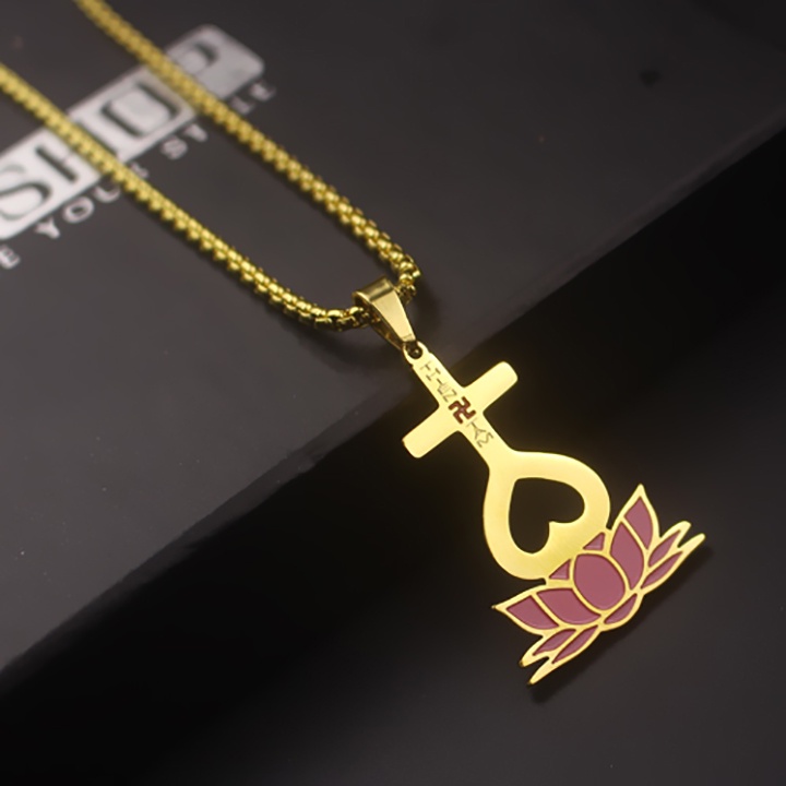 Mặt dây chuyền thiên tâm màu vàng đế sen hồng sáng đẹp, bền màu, tâm an vạn sự an (không dây)