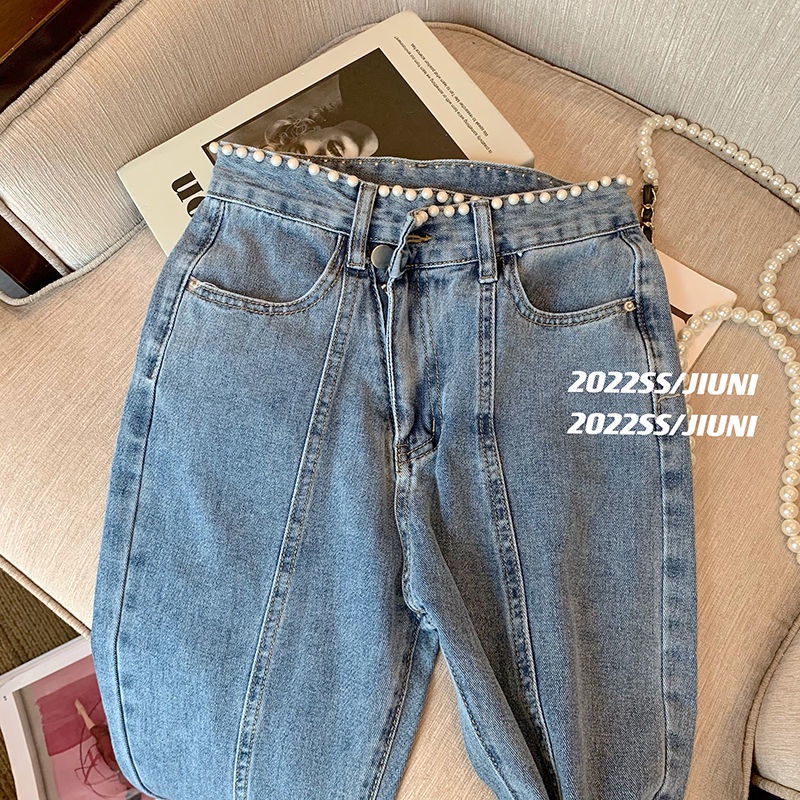Quần Jean Nữ Cạp Cao Ống Đứng Xẻ Tà Đính Hạt Nhỏ Phong Cách Mới Mùa Xuân