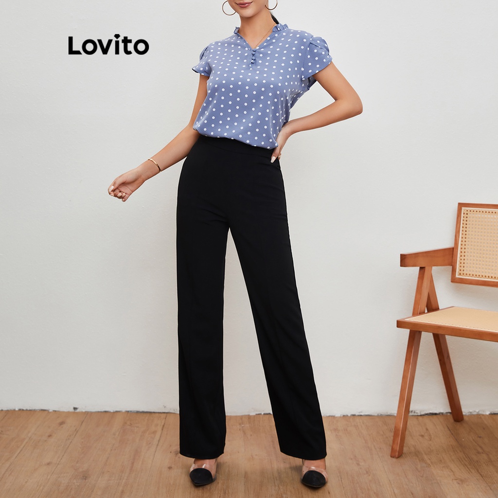 1221de-Lovito Áo Kiểu Tay Bèo Cổ Bèo Họa Tiết Chấm Bi L20D002