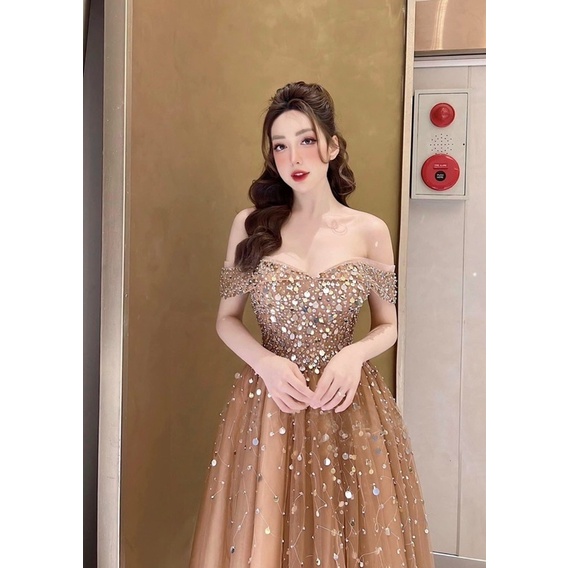 MS1246y ĐẦM CÔNG CHÚA BẸT VAI KẾT KIM SA TREO full size S/M/L/XL