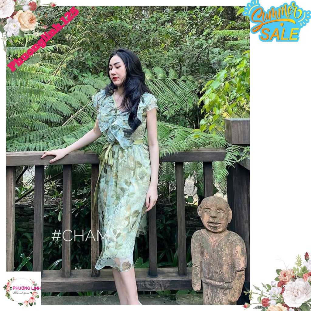 VÁY HOA LÁ NƠ LỤA CỔ BÈO KÈM ĐAI | BigBuy360 - bigbuy360.vn