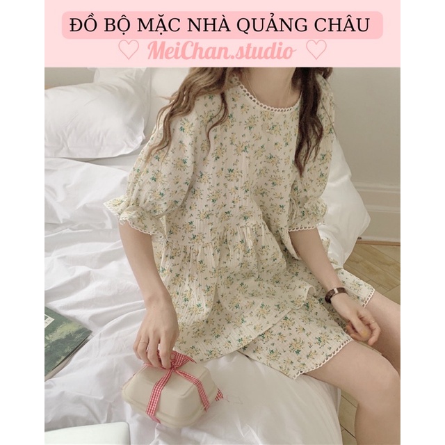 Đồ Ngủ Pijama XÔ MUSLIN_ Đồ Bộ / Váy Hoa Nhí Style Hàn Quốc Cộc Tay Cổ Tròn Ulzza