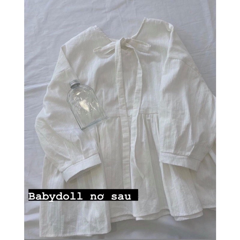 Áo babydoll thô đũi nơ sau vintage